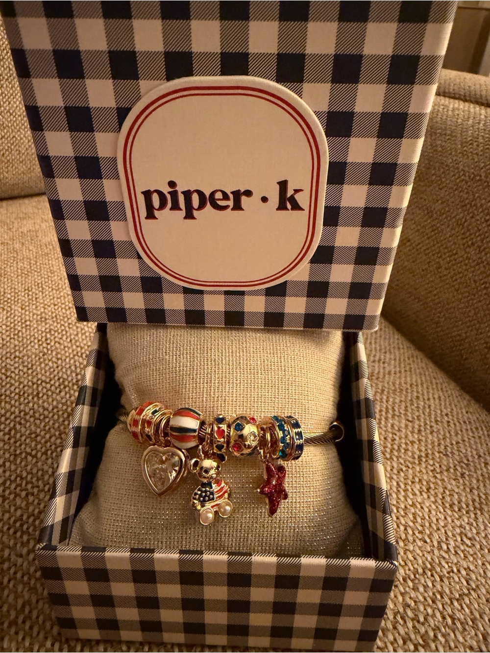 Piper K 4th of July Charm Bracelet with Teddy Bear & Patriotic Beads